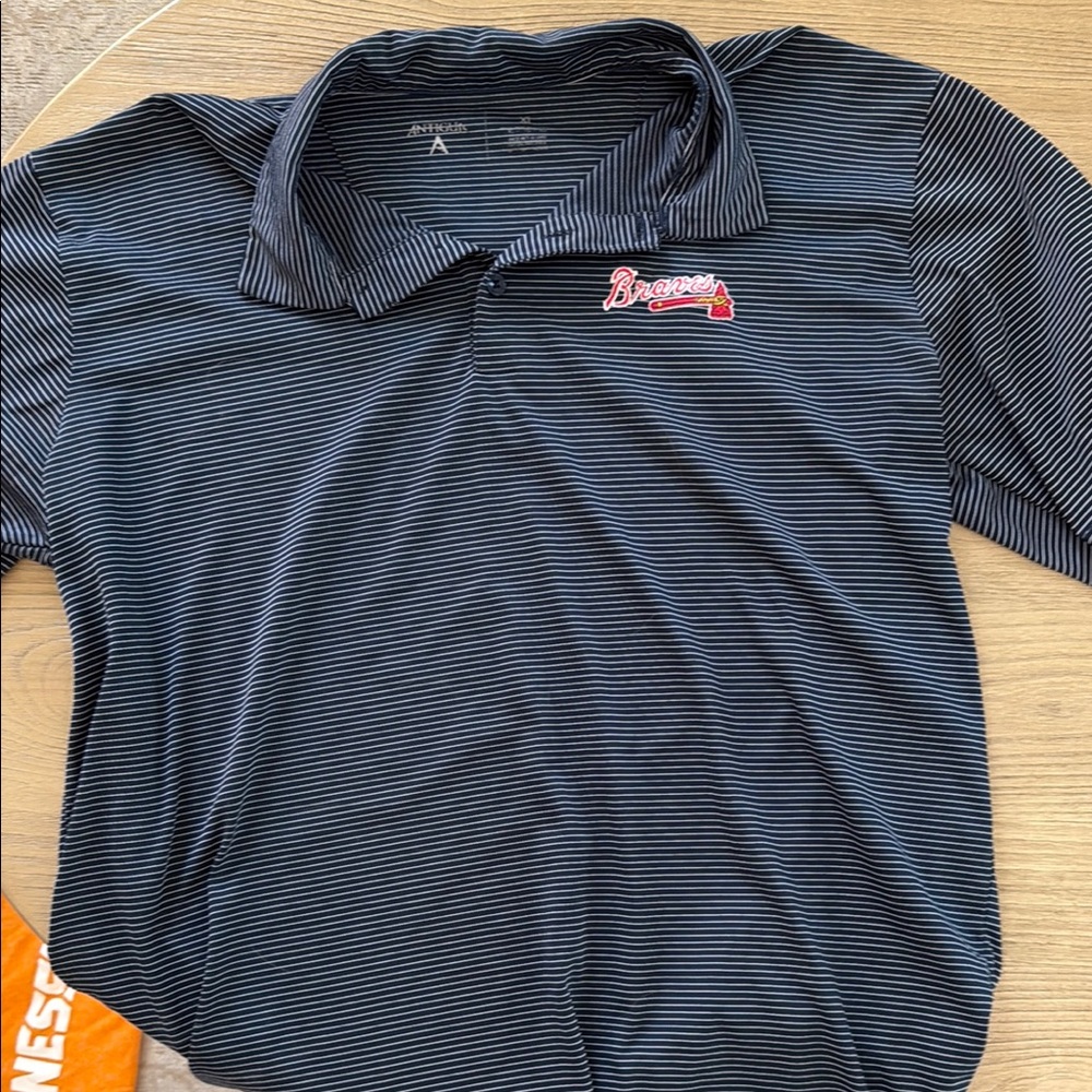 Antigua Navy Striped Polo with Braves Logo